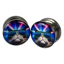 Pair of Screw on Synthwave Cat Picture Plugs (MTO-048) gauges 16g thru 1 inch