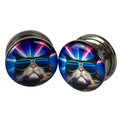 Pair of Screw on Synthwave Cat Picture Plugs (MTO-048) gauges 16g thru 1 inch