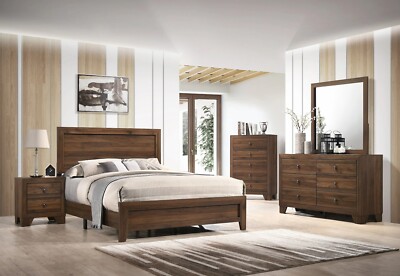 Contemporary Queen Size 6Pc Panel Bed Set Cherry Brown Master Bedroom Furniture