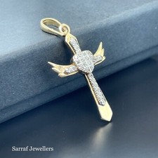 9ct Solid Cz Angel Wings Gold Cross Pendant Men's Womens 24x16mm New Hallmarked