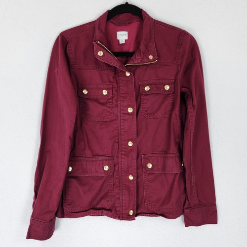 J Crew Jacket Womens XS Red Resin Coated Twill Full Zip Cotton Utility Field