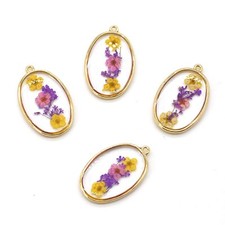 Clearance 8PCS Gold Tone Dried Pressed Flower Resin Oval Charm Pendant GBY51