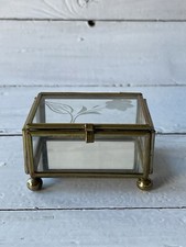 Vintage Brass  Etched Glass Display Trinket Jewelry Box Mirrored Footed