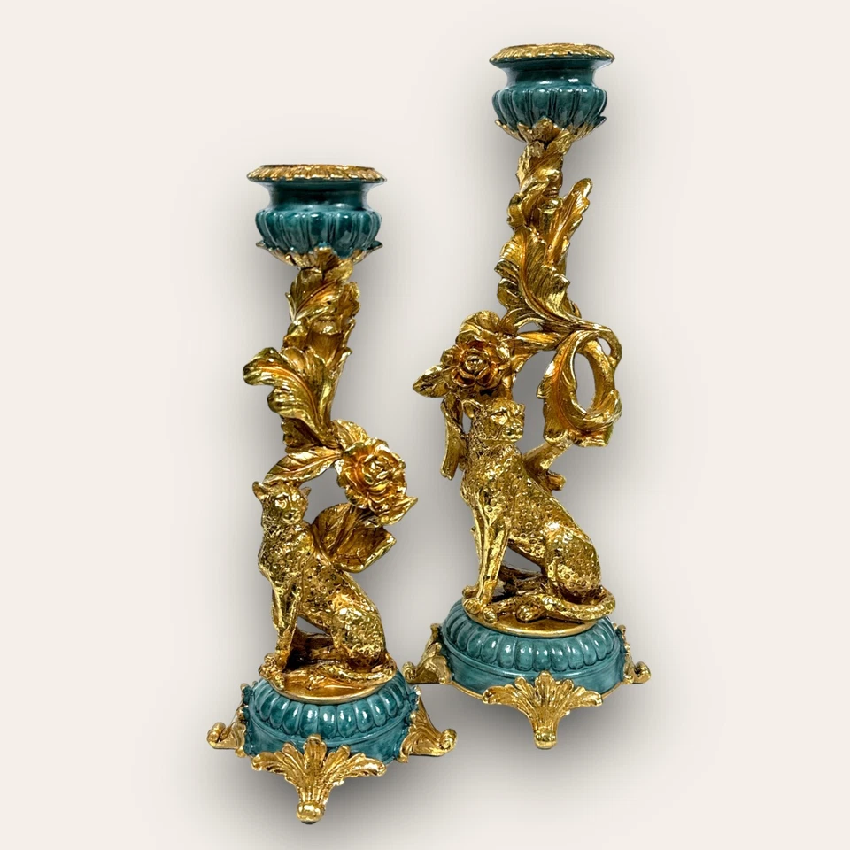 Classy Candle Holder Candlestick Leopard On Socket 28cm Od. 34cm Gold Petrol - Image 2 of 2