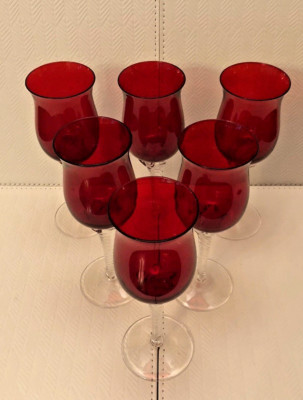 WUNDERSCHÖNE TSCHECHISCHE RUBINROTE GEDREHTE STIELGLÄSER x 6 - 65 ml