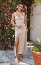 Show Me Your Mumu Mina Midi Dress Satin Champagne Open Back Tie Size M