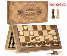15" Magnetic Wooden Chess  Checkers Set 2 Extra Queens Storage Slots