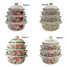 3Pcs Enamel Stockpots Cooking Pots Vintage Design Flower Pattern Double Handle