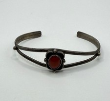 Navajo Cuff Bracelet 925 Silver Natural Red Coral Native American Artist 6.25”