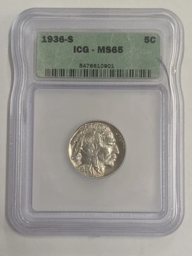 1936-S San Francisco Buffalo 🦬 Five Cent Nickel 5C ICG Graded MS65 Toner!