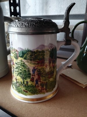 German Lidded Beer Stein Mug w/ Pewter Hinged Lid Scenic Hunting Scene