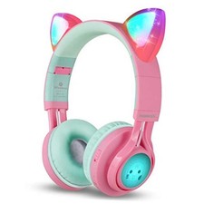 Bluetooth Headphones, CT-7 Cat Ear LED Light Up Wireless Foldable Pink Green