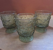 3 Vintage ANCHOR HOCKING Lido Milano AVOCADO GREEN Ftd Juice GLASSES Crinkle