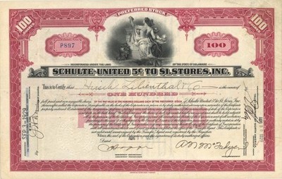 Schulte-United 5 to $1. Stores, Inc. - 1929-1937 dated Stock Certificate - Gen