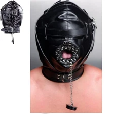 Full Head Hood Mask Leather Padded Blindfold Muzzle Mouth Thumbtack Adult 