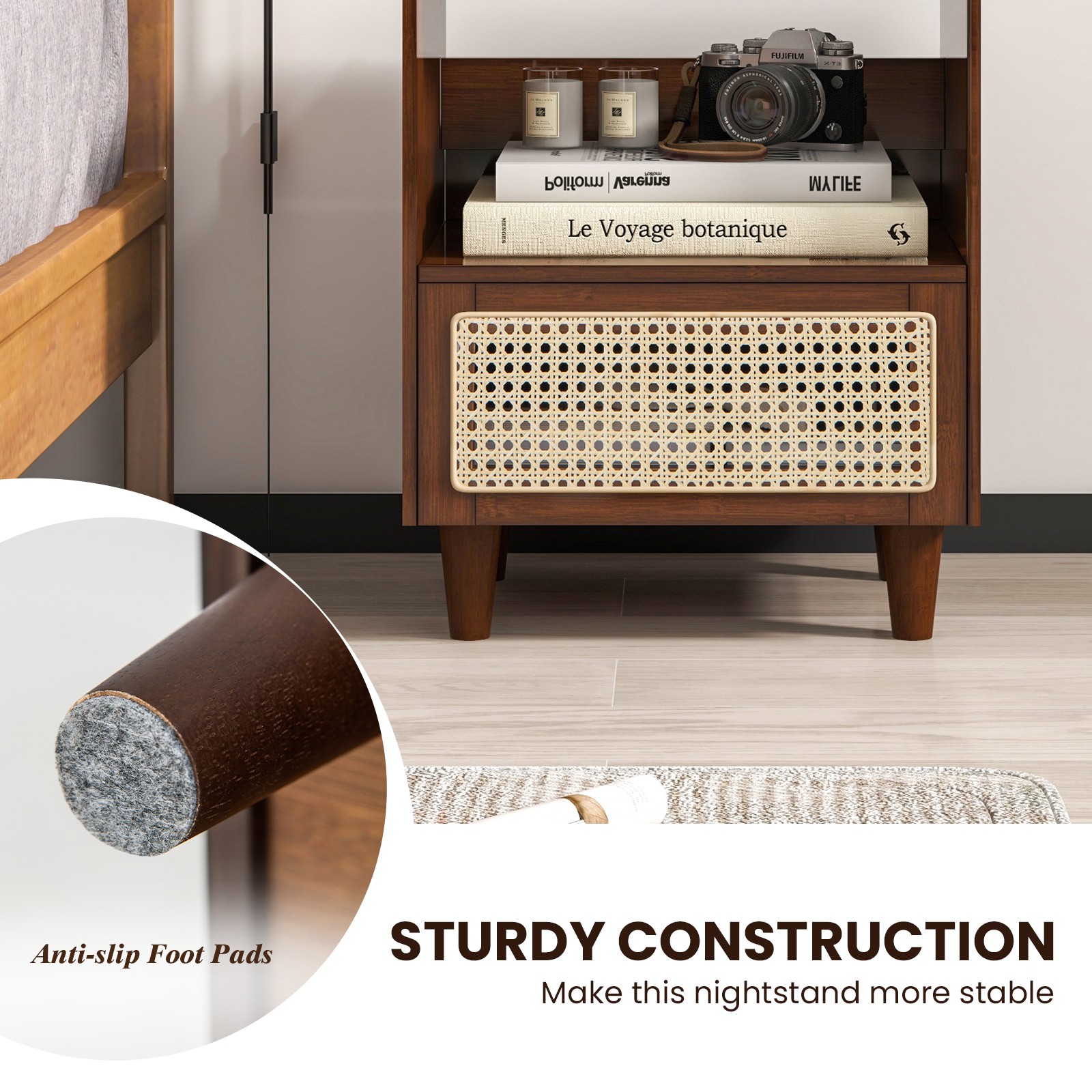 2 PCS Bamboo Rattan Nightstand Boho Bedside End Table w/ Drawer Wood Legs Brown