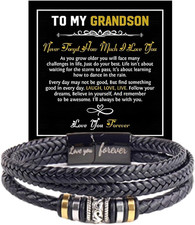 To My Grandson Bracelet from Grandma Grandpa, Black Braided Leather Beaded Wris