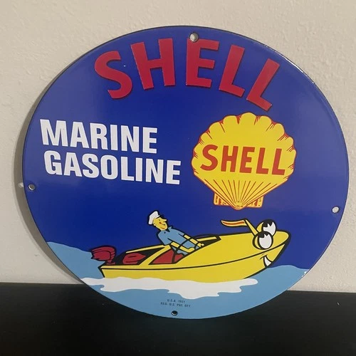 VINTAGE SHELL MARINE BOAT GASOLINE OIL PORCELAIN SIGN