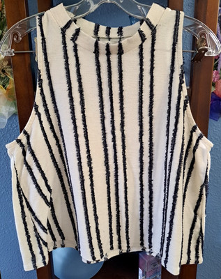 Texture & Thread Madewell Women's M Mock Neck Blue White Fringe Stripe Tank