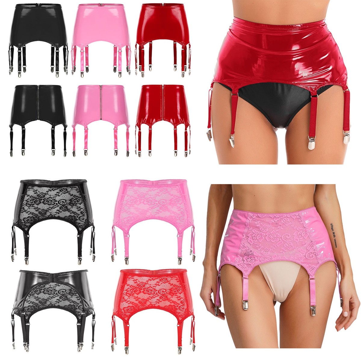 Women Shiny Leather Lace Skirt Garter Belt with 6 Clips for Thigh High  Stockings