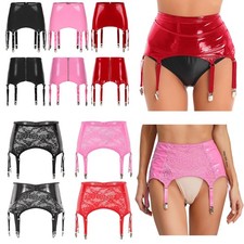 Women Shiny Leather Lace Skirt Garter Belt with 6 Clips for Thigh High Stockings