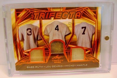 BABE RUTH LOU GEHRIG MICKEY MANTLE TRIFECTA BASEBALL #3 /3 LEAF TRINITY 2025