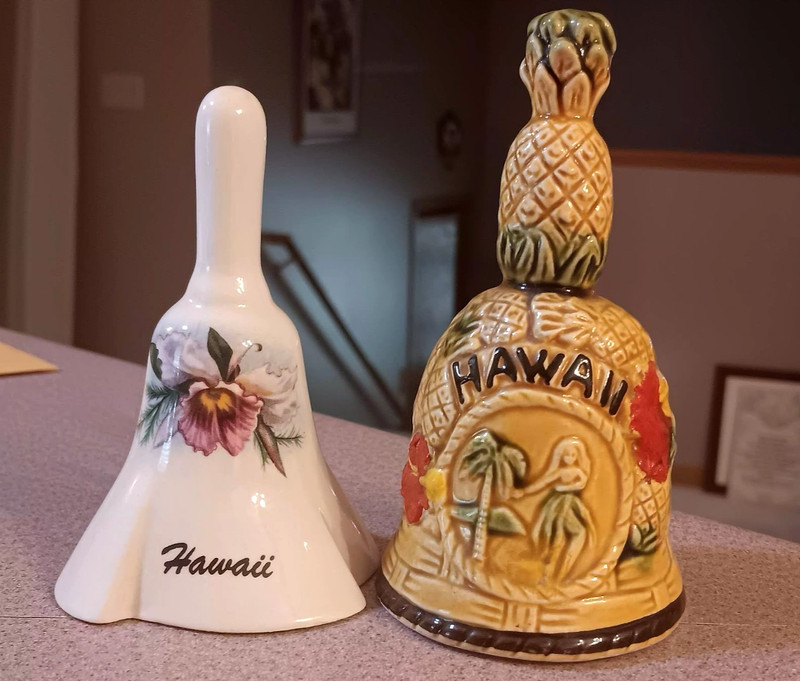2 Vintage HAWAII Souvenir Ceramic Hand Bells Hula Dancer Pineapples  NO RESERVE