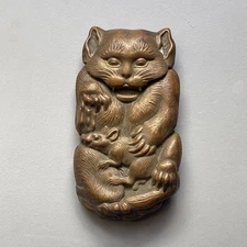 Antique 1890’s Bronze Meiji Cat & Mouse Vesta Case Made In Japan