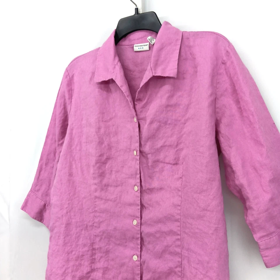 Covington Shirt Womens Large Pink Collared 3/4 Sleeve Button Up Top 100% Linen - Image 2 of 4