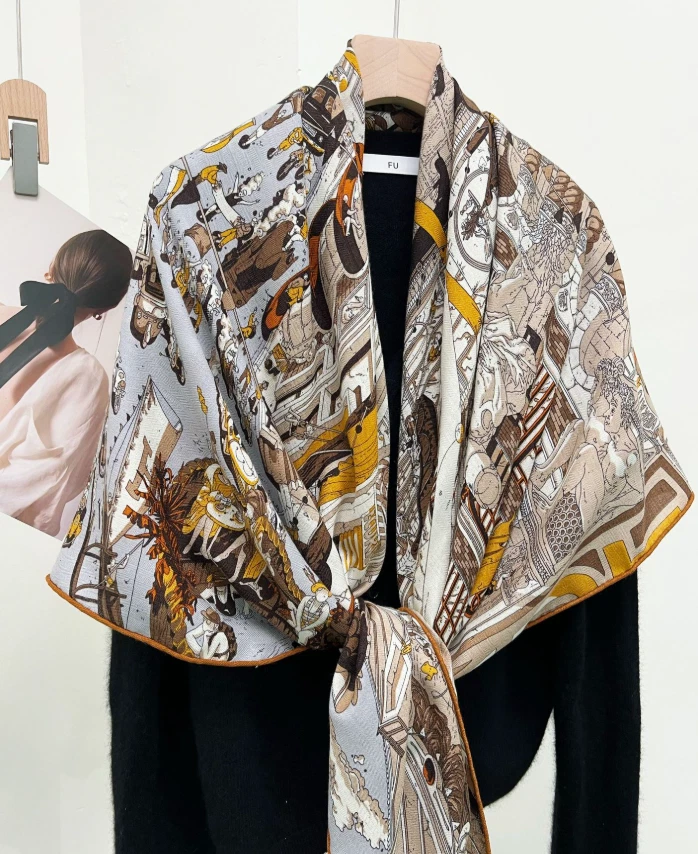 Xale 70% cashmere 30% seda envoltório cachecol estampa rua dupla face 135X135cm - Imagem 4 de 4