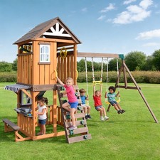 8IN1 Kid Wood Swing Slide Set Playhouse Rock Wall,Kitchen Backyard FunPlayground