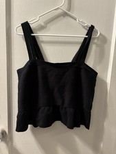 Banana Republic Factory Large Black Cotton Slight Crop Tank Ruffle Bottom NWT