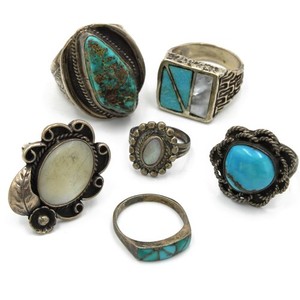 Southwest Sterling Turquoise MOP Rope Inlay Size 3-12.5 Rings Lot of 6 #S5483-2