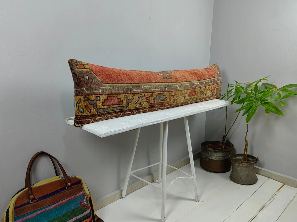 12x48 Kilim Lumbar Pillow Cover - Yellow Tribal Turkish Long Boho Bolster - Image 2 of 4