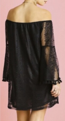 Umgee USA Black Lace Off Shoulder Lined 3/4 Tasseled Sleeves Mini Shift  Dress S