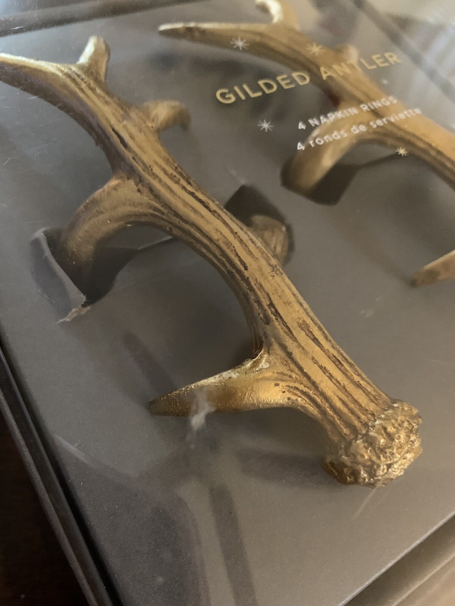 NIB Pottery Barn S/4 ~GOLD ANTLER~ NAPKIN RINGS ~CHRISTMAS