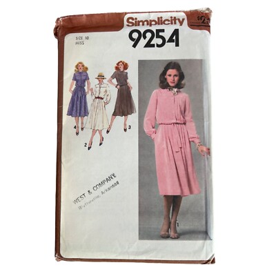 9254 Simplicity Sewing Pattern VTG 80s Misses Pleated Front Dress Tie Size 10
