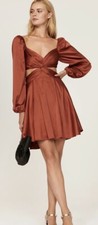 ASTR The Label Anamaria Rust Balloon Sleeve Cut Out Satin Mini Dress Large