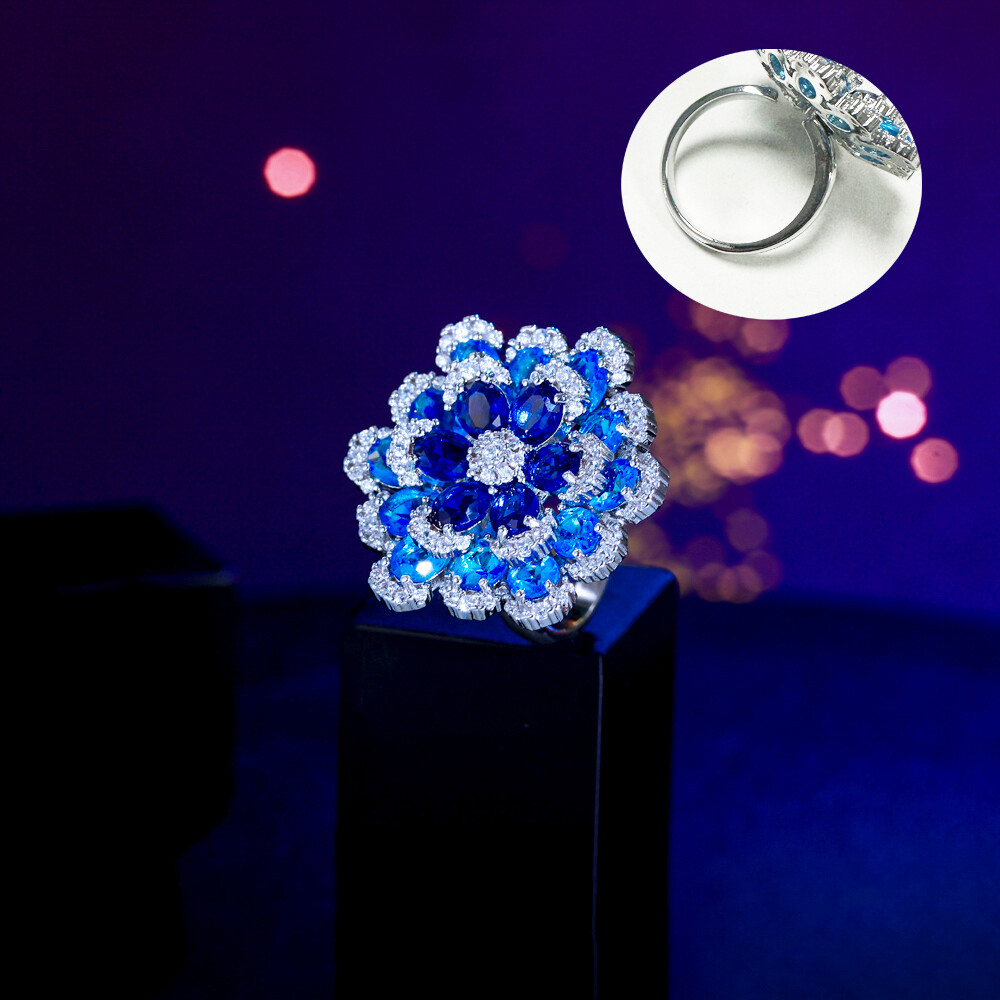 ST.REGION Blue Cubic Zirconia & Silver-Plated Flower Ring – Size 10, Enamel Detail - View #2
