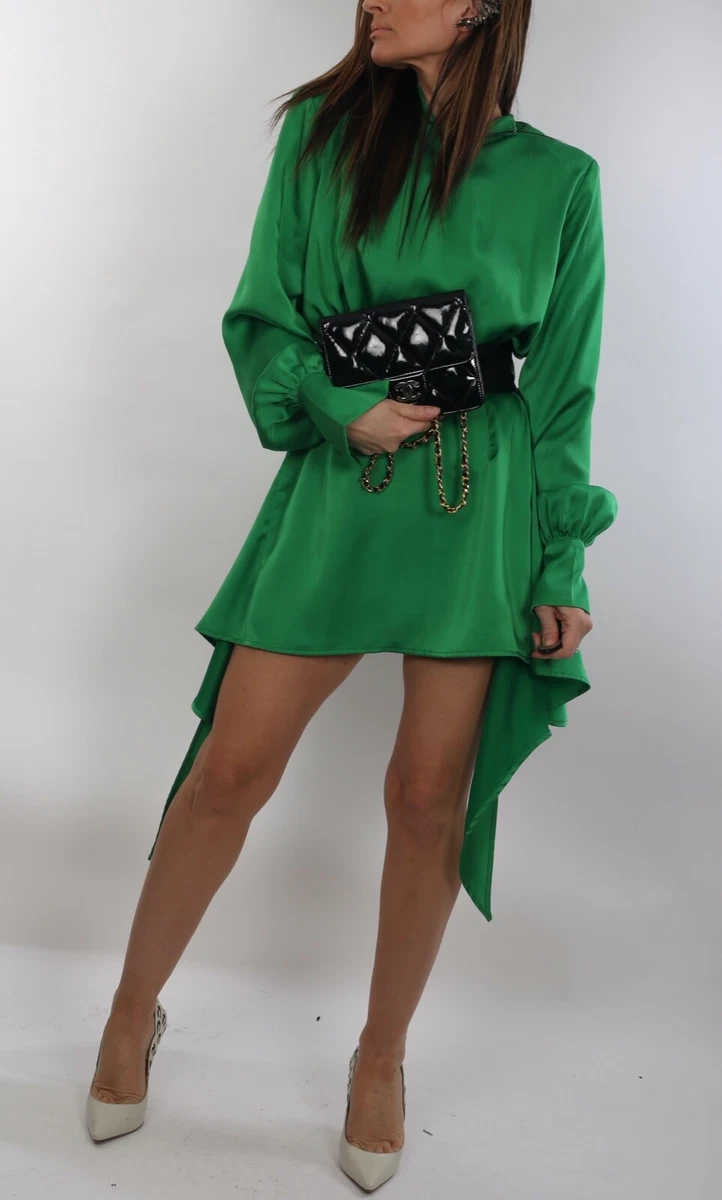 THE ATTICO Emerald Green Satin Long Sleeve Tie Wrapped Skirt Mini Dress  Size S