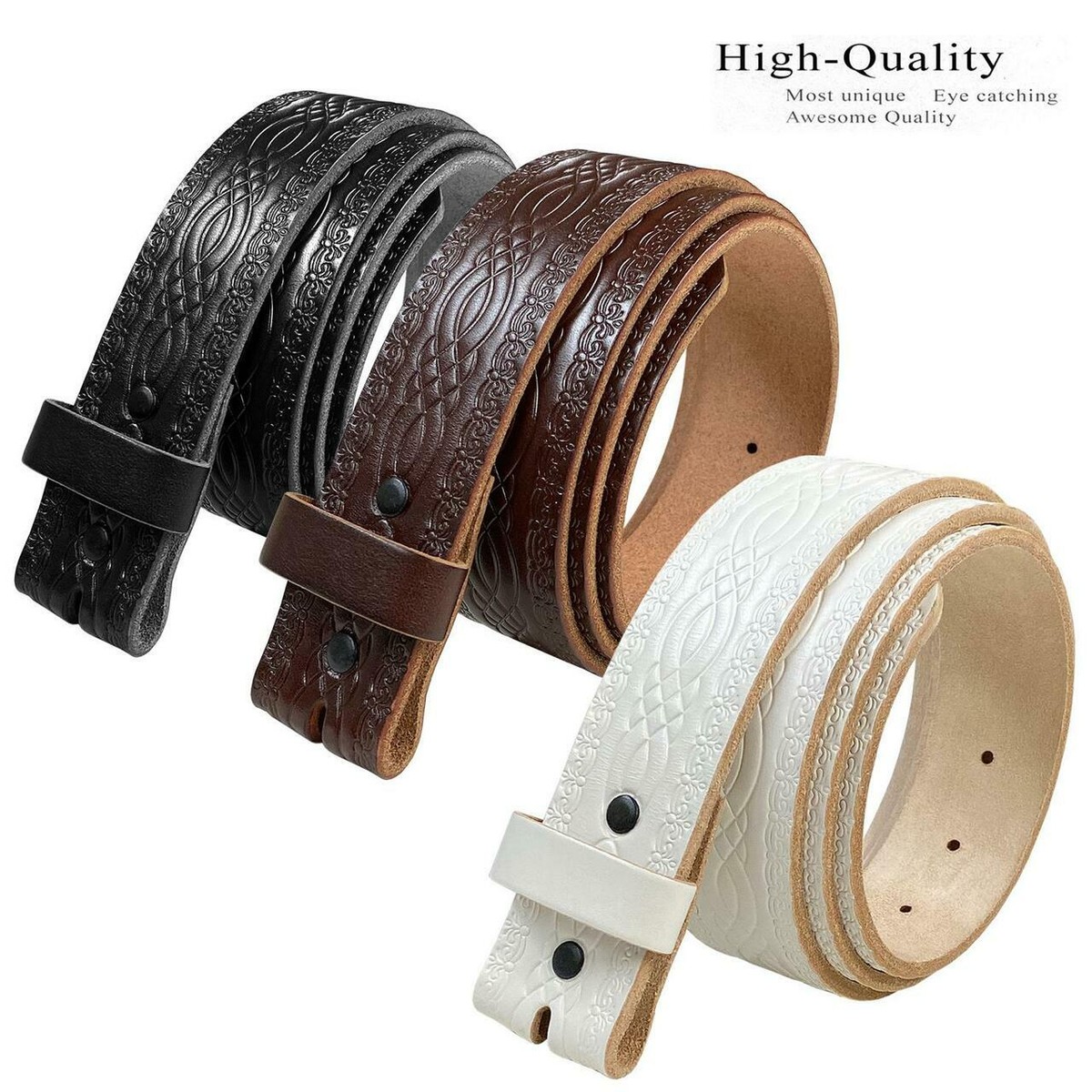 BS085 Vintage Engraved Embossed Leather Belt Strap with Snaps on 1