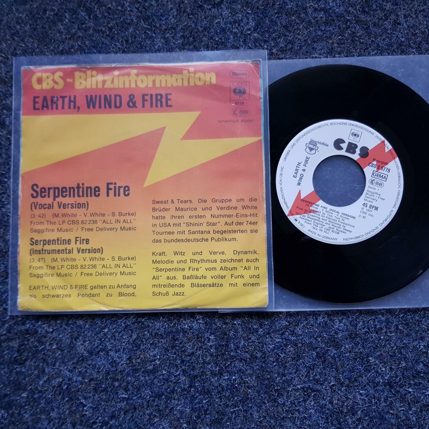 7"" Single Vinyl Earth, Wind & Fire - Serpentine fire PROMO GERMANY