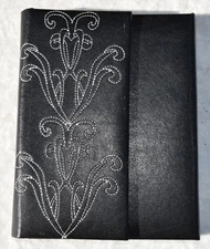 Black Embroidered Triple Folding Photo Album Travel Picture Frame Snap Close