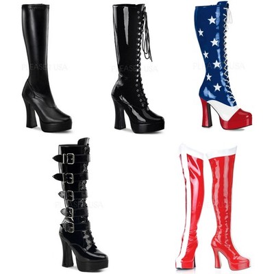 Pleaser Sexy Knee High Full Side Zipper Heel Boots Adult Women Electra20Xx