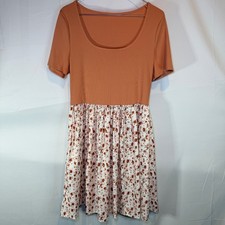 SHEIN Women's Terracotta Floral Short Sleeve Ribbed A-Line Dress L
