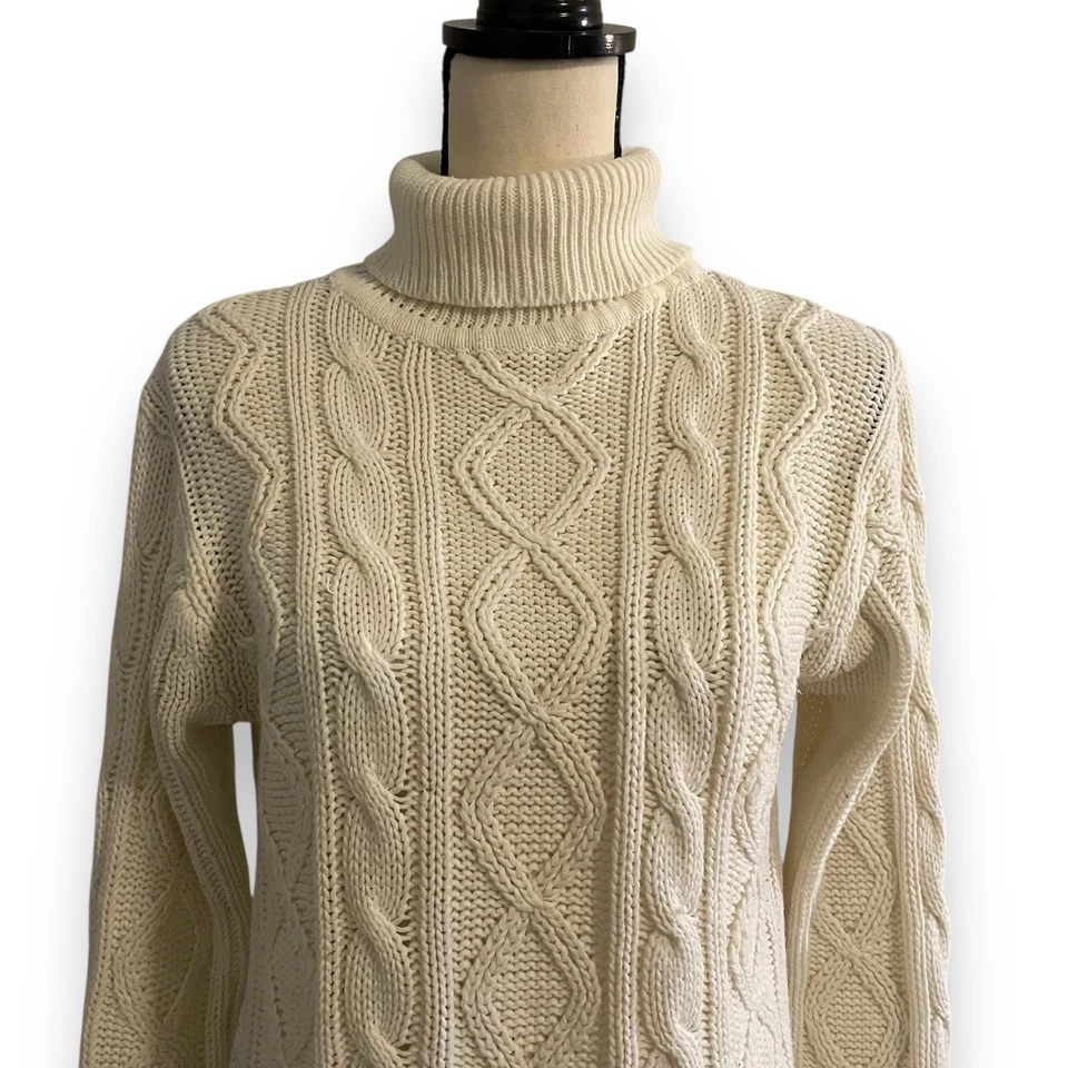 Suéter Clásico Blanco Pescador Tejido con Cable Cuello Alto Para Mujer Talla M Acogedor Invierno Foto 2 de 4