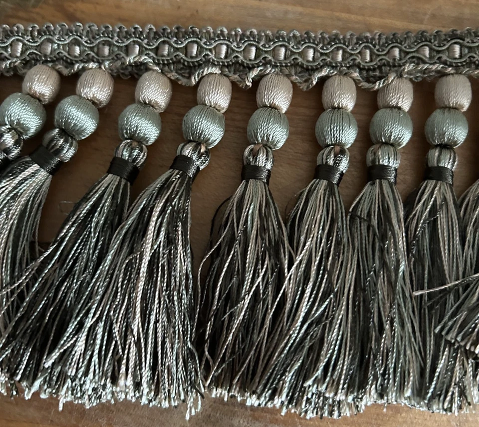 16 ft Beaded TASSEL FRINGE 4.5” Upholstery Drapery Fabric Trim Silver Green Gold - Image 4 of 4