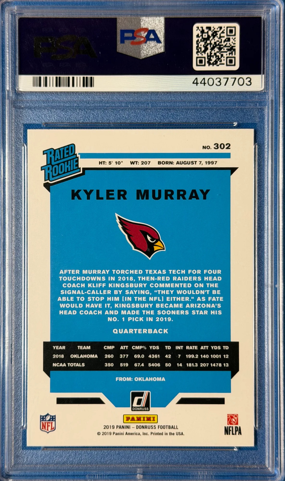 2019 Panini Donruss Kyler Murray #302 Rookie PSA 10 view 2