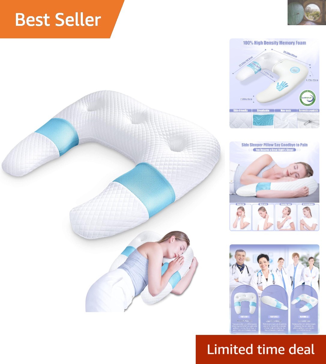 Washable Ergonomic U-Shaped Memory Foam Pillow - For Side and Stomach Sleepers