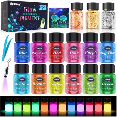 Glow in The Dark Pigment Powder - 12 Colors Luminous Powder 20g/0.7oz and 3 C...